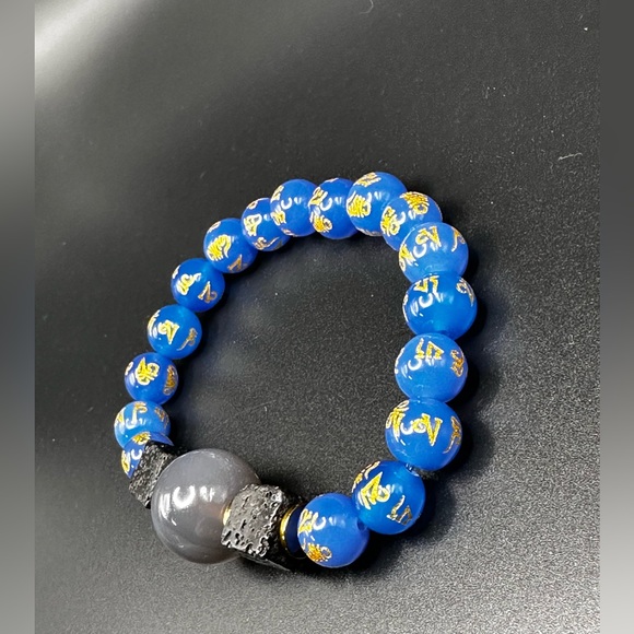 LIGH BLUE AGATE OM + CHALCEDONY NATURAL STONES BRACELET size7 - Picture 3 of 11